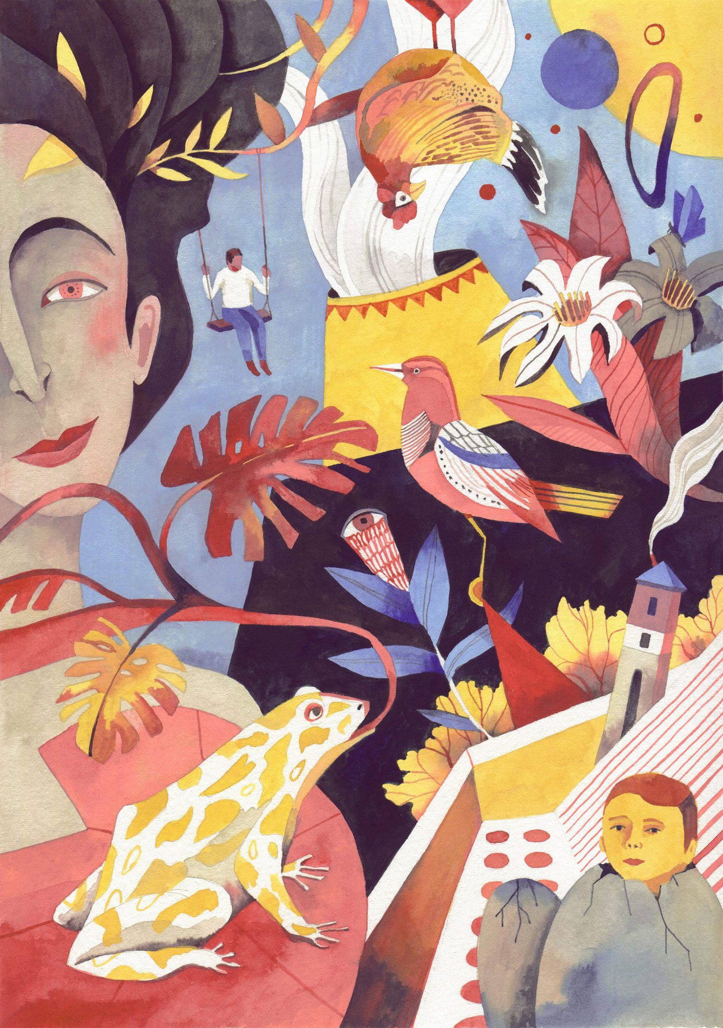 ilustración de Luisa Rivera donde aparecen diversos motivos: una mujer, personas, flores, pajaros, etc.
